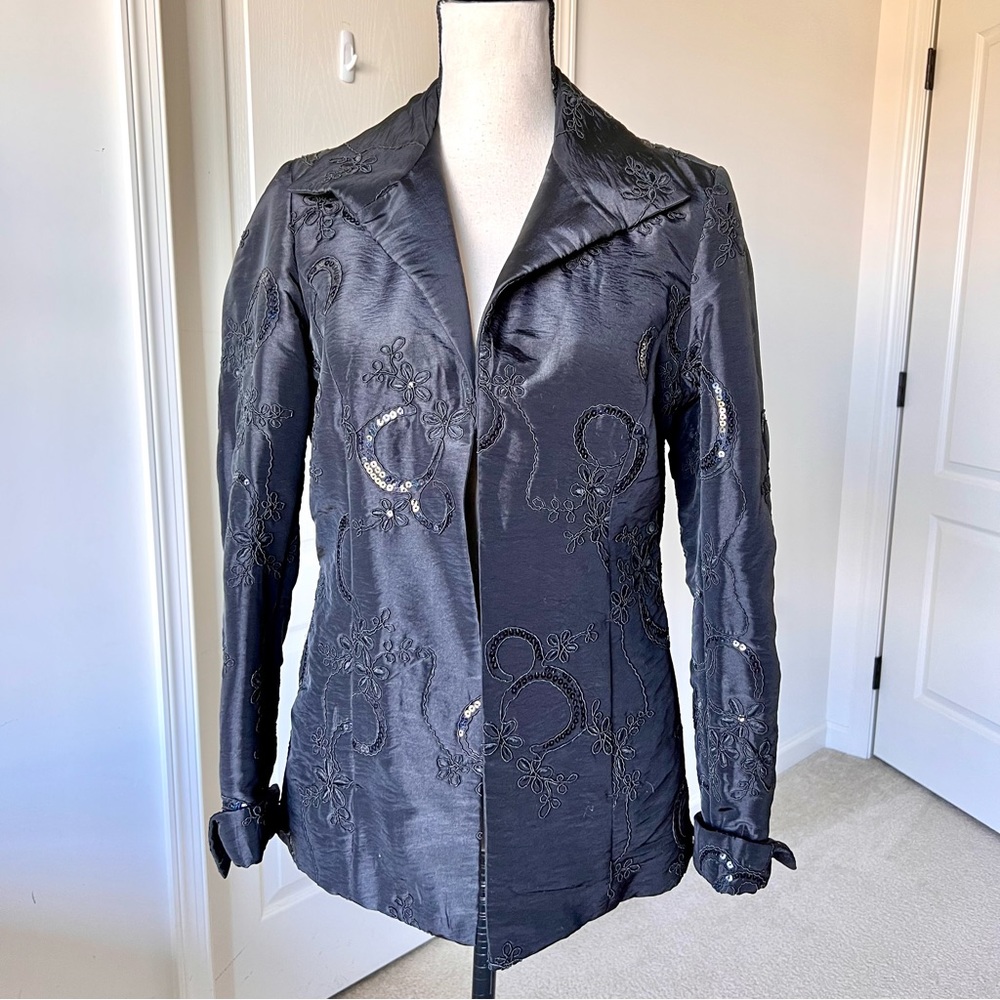 CHICO’S Black Sequin Embellished Puff Blazer Coat—SZ. 0 (S/4)